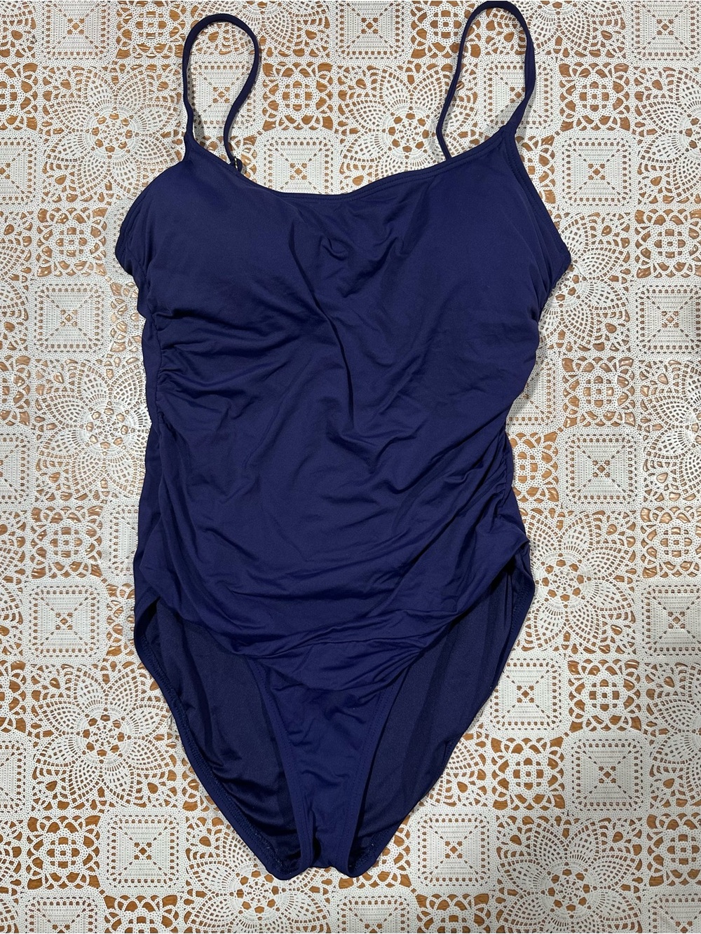 Navy Blue Ruched One Piece Swimsuit Tummy Control Adjustable Straps Size 14